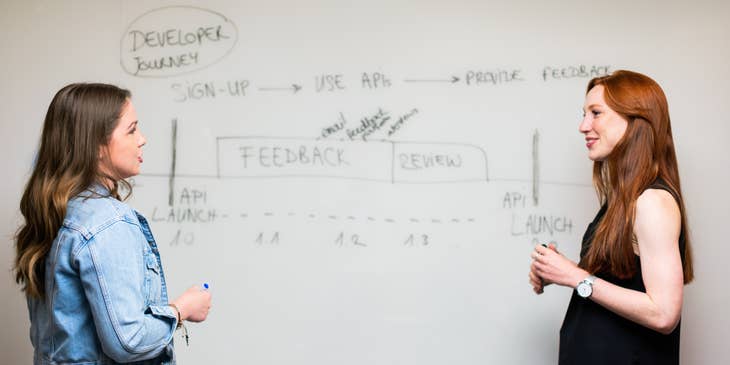 Female DevOps architects discussing the overall design of an enterprise application for the client.
