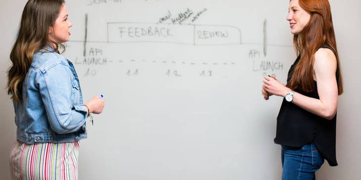 female DevOps Architects discussing the overall design of an enterprise application for the client