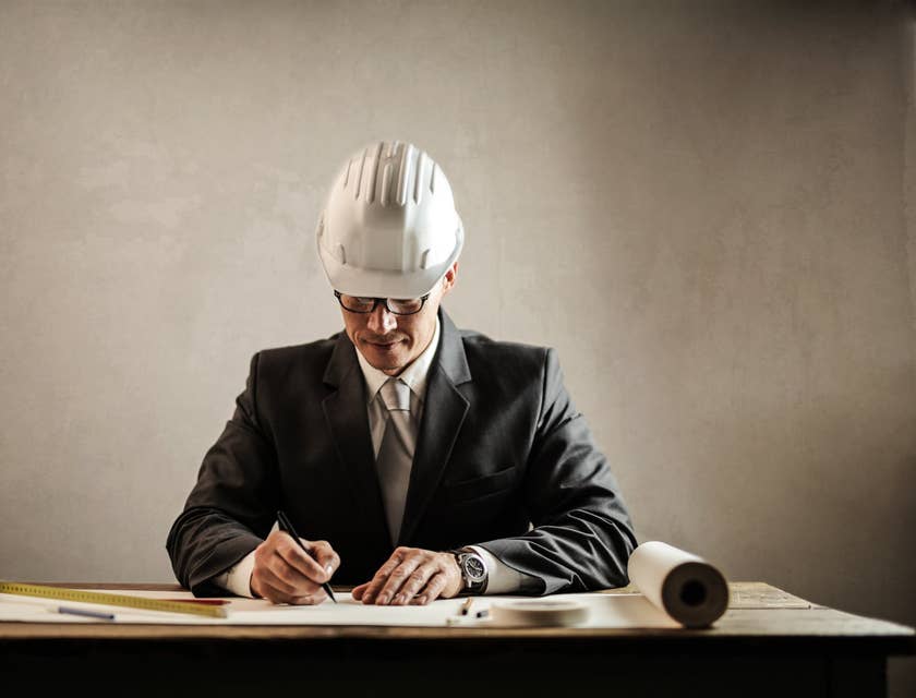 Director of Engineering wearing a hard hat and business suit while reviewing the blueprint of one of the company's physical assets