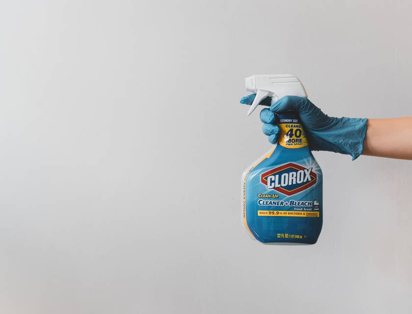 Domestic Engineer holding a bottle of bleach cleaner