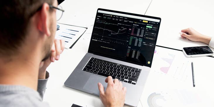 male Economist looking at the chart report on his laptop
