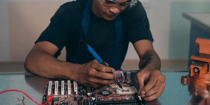 An electrician apprentice doing electrical repairs.