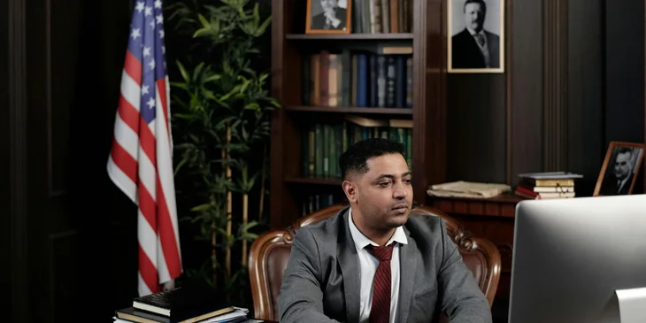 A foreign service officer sitting at his workstation with the bookshelf and the American flag behind him.