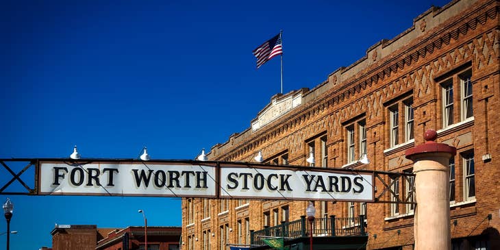 Partial view of a sign that reads "Fort Worth Stockyards" in Fort Worth, Texas.