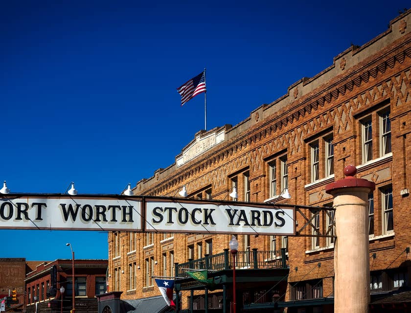 Partial view of a sign that reads "Fort Worth Stockyards" in Fort Worth, Texas.
