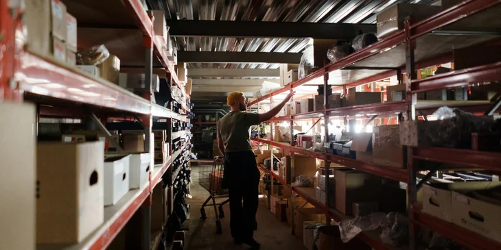 A fulfillment associate in a warehouse organizing stocks.