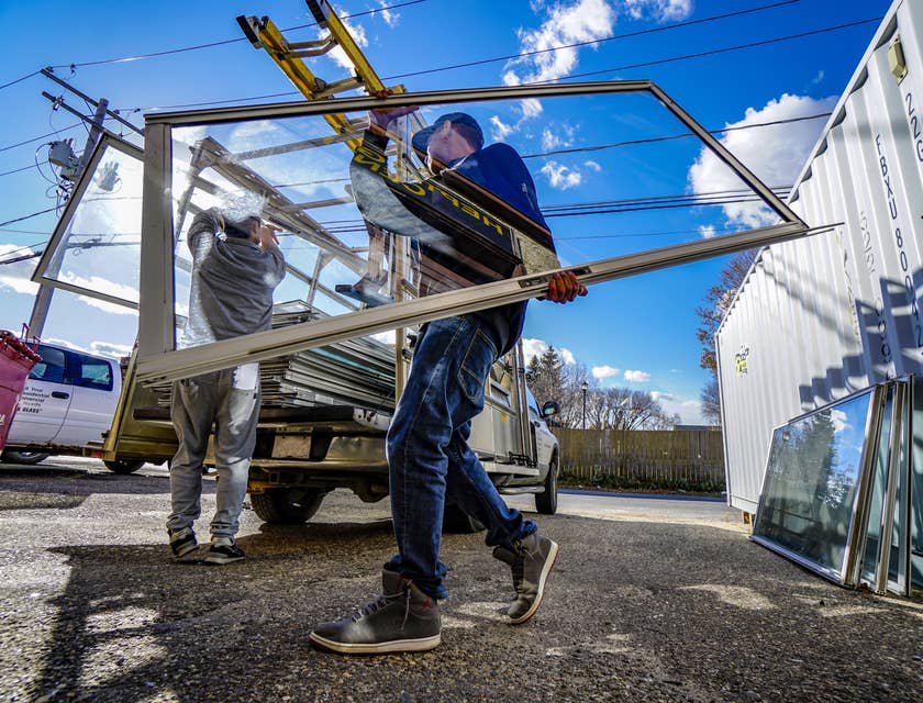 Glazier carrying a glass window