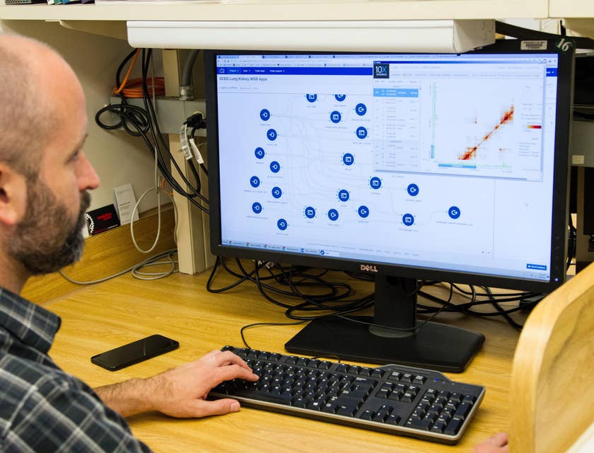 Health Information Technology professional sorting data from a medical program being used in the facility