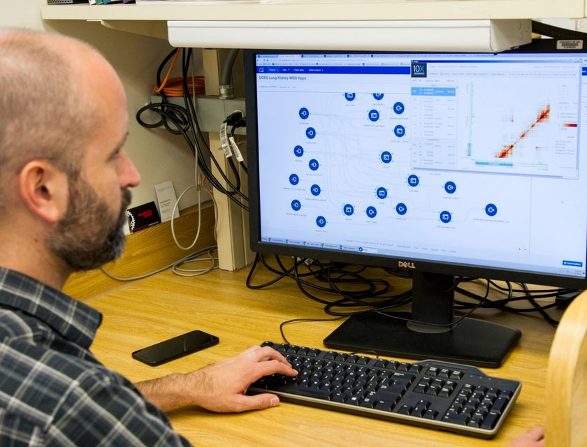 Health Information Technology professional sorting data from a medical program being used in the facility