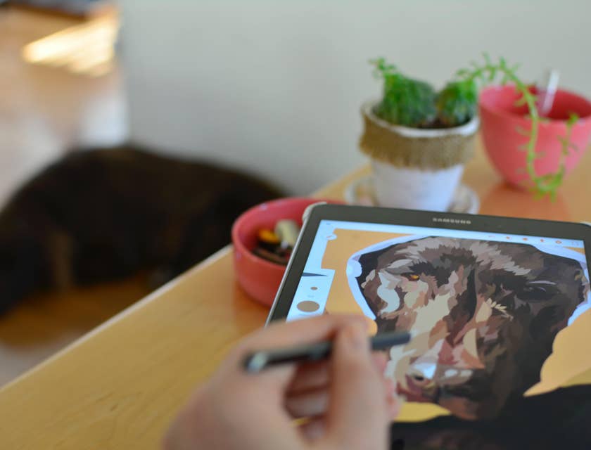 A graphic designer drawing an electronic image of a dog in the top right corner.