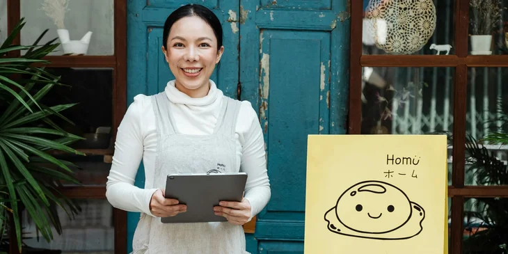 A hostess standing outside a restaurant ready to greet guests.