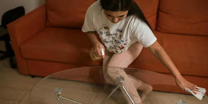 A house sitter wiping down a kitchen counter.