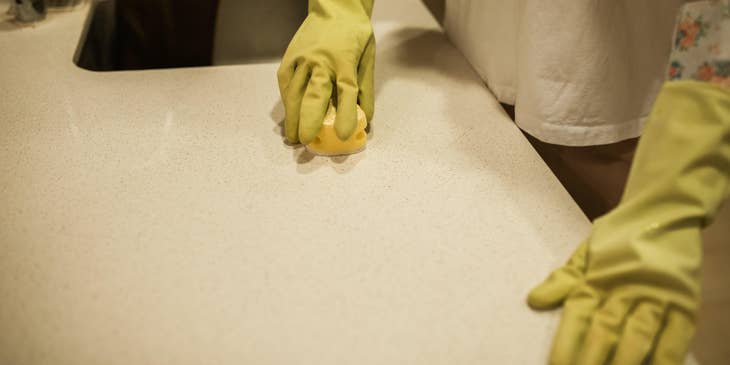 House sitter wiping down a kitchen counter