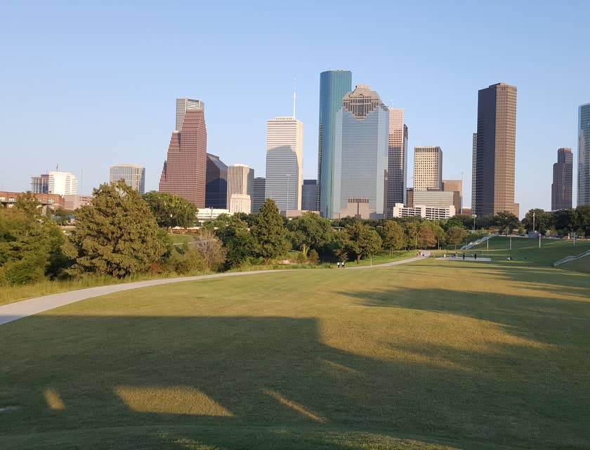 Houston downtown skyline with grassy area in foreground.