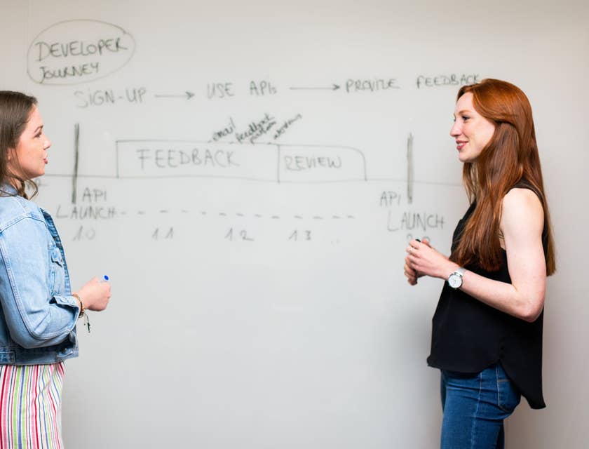 Industrial Engineer sharing her process layout to a colleague while standing next to a whiteboard