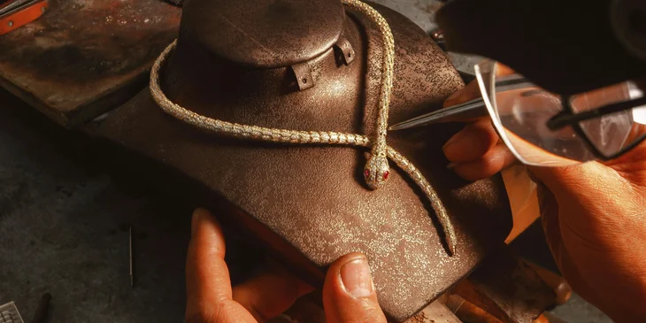 A jeweler doing final touches on a gold snake necklace.