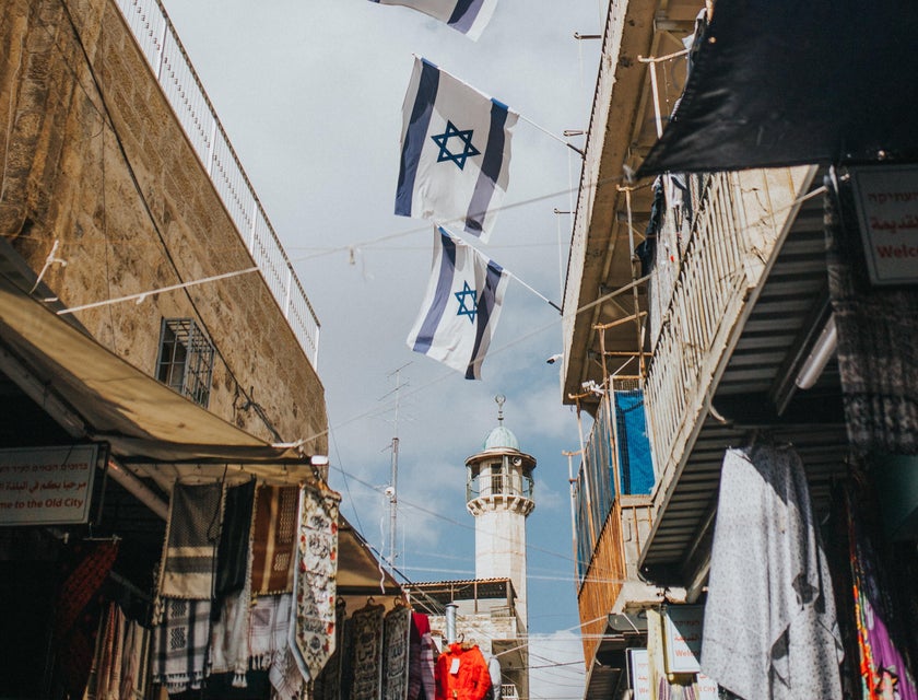 Israeli flags lining a street.
