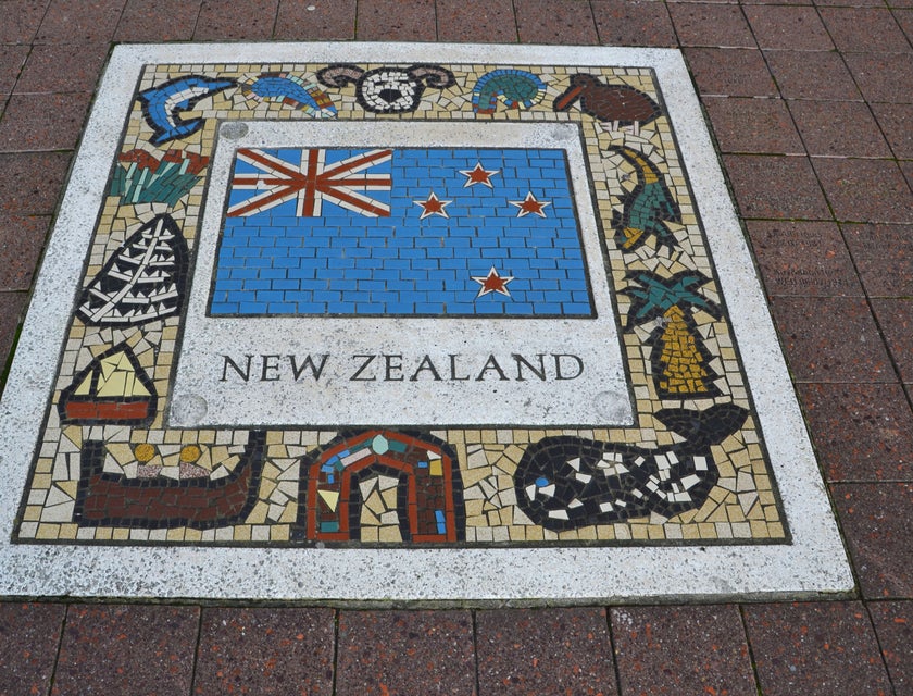 Tiled representation of the New Zealand flag and name.