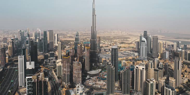 Dubai city skyline with Burj Dubai in the centre.