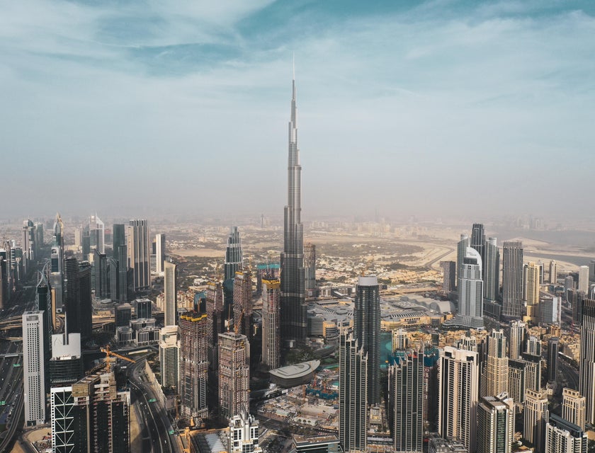 Dubai city skyline with Burj Dubai in the centre.