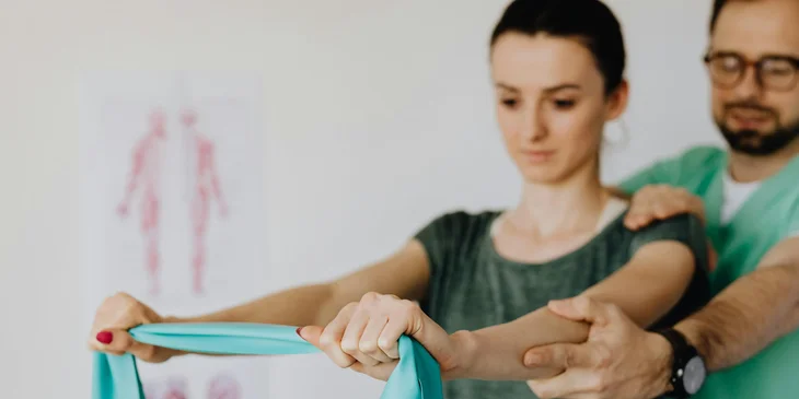 A kinesiologist monitoring patient muscle movements while using an elastic band.