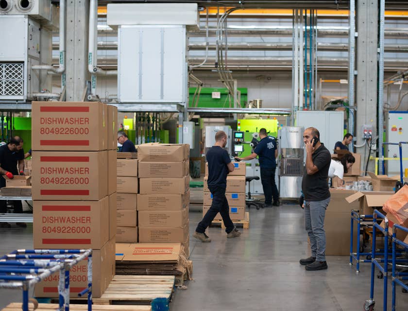 A line leader in a warehouse talking on the phone and about to assist production line workers.