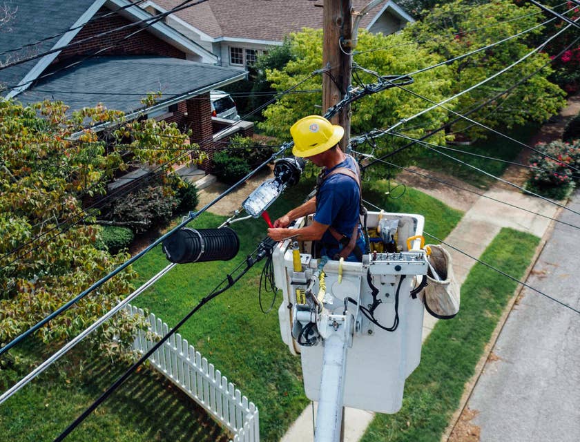 Line worker on a cherrypicker fixing cables