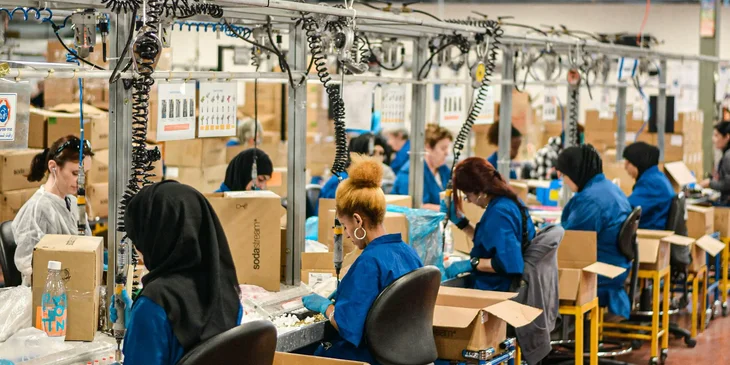 A female logistics consultant wearing white long sleeves in a manufacturing warehouse monitoring an employee's progress.