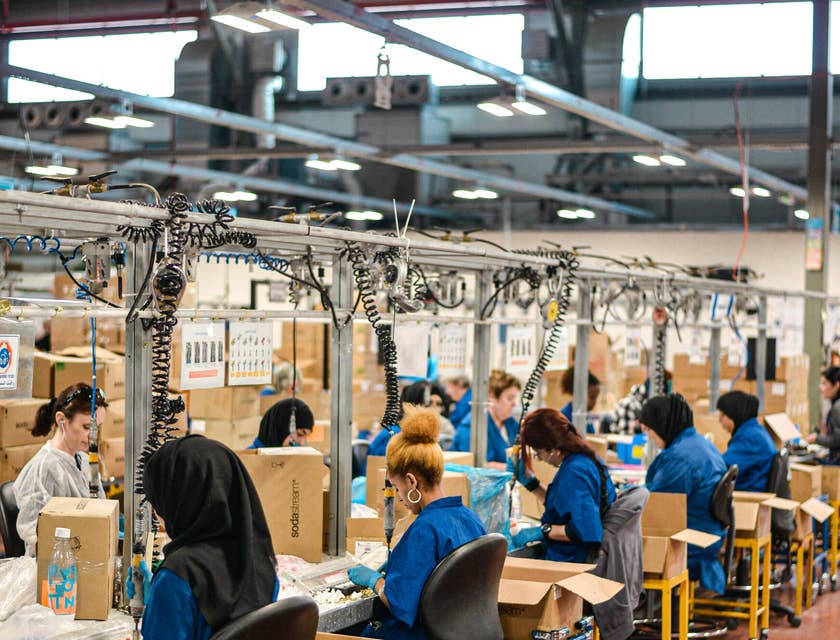 A female logistics consultant wearing white long sleeves in a manufacturing warehouse monitoring employee's progress.