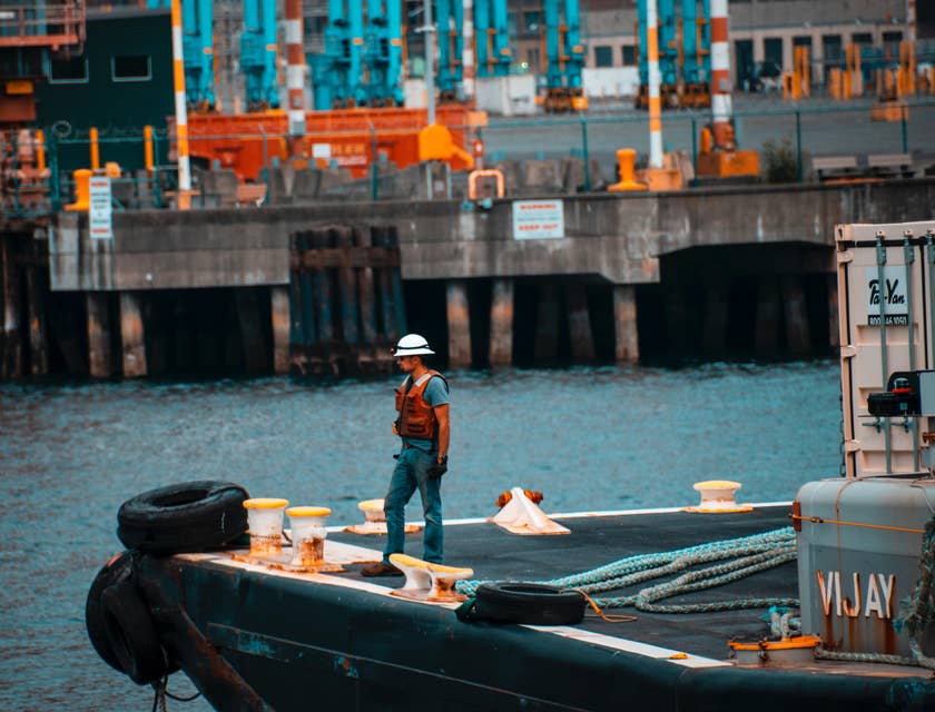 A Longshoreman using a forklift in a warehouse loading cargos to be transported to the vessels.