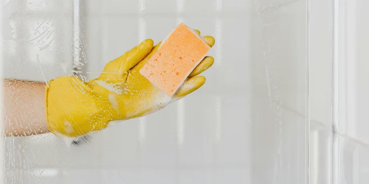 A maid wearing gloves cleaning a shower cabin glass.