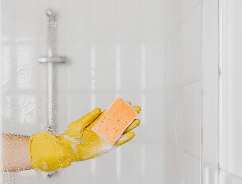 Maid wearing gloves cleaning a shower cabin glass
