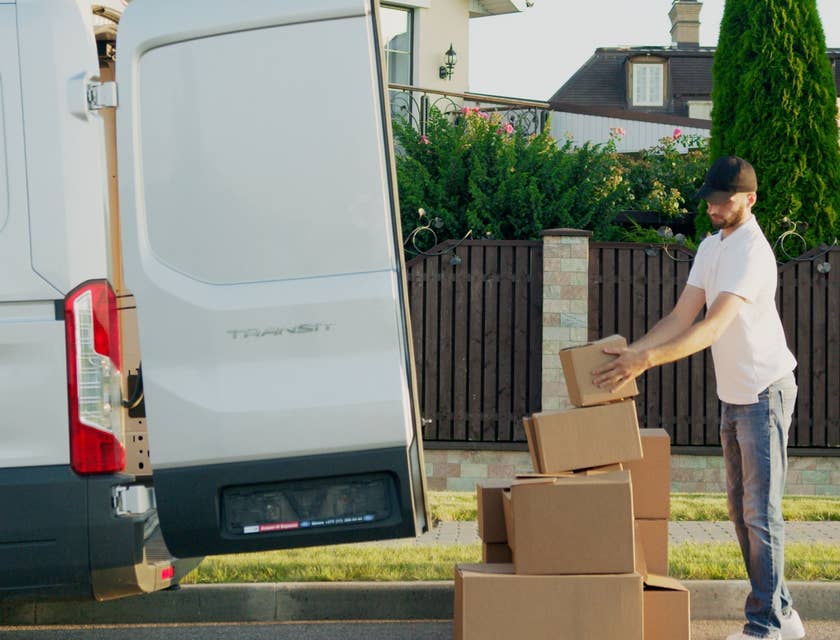 Mail handler assistant unloading bulk mail from a van