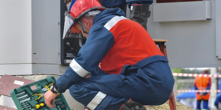 A maintenance engineer crouching on the ground while rummaging through his toolbox for a scheduled on-site repair.