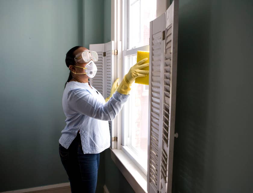 Maintenance supervisor making sure that a window glass is properly cleaned