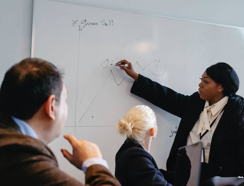 Female management consultant writing on a whiteboard to point out the sales ratio of the company while members of the executive team looks on