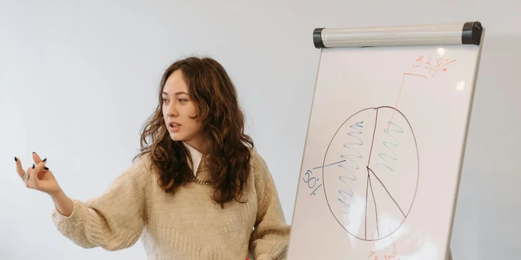 A marketing consultant explaining marketing goals and progress.