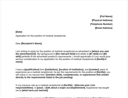 medical receptionist cover letter without experience