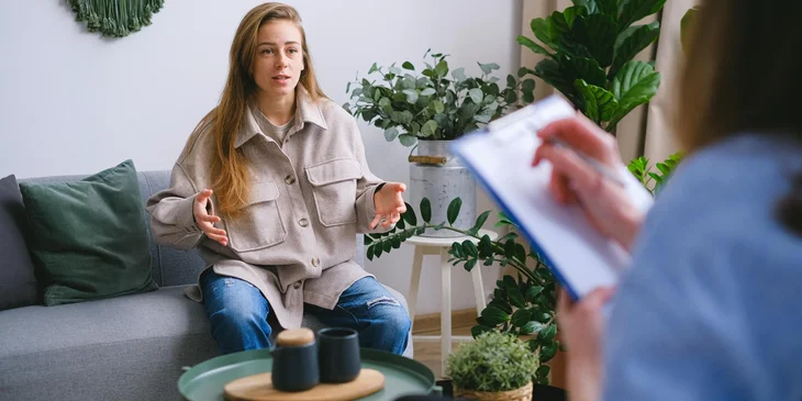 A mental health specialist maintaining detailed notes while performing an assessment.