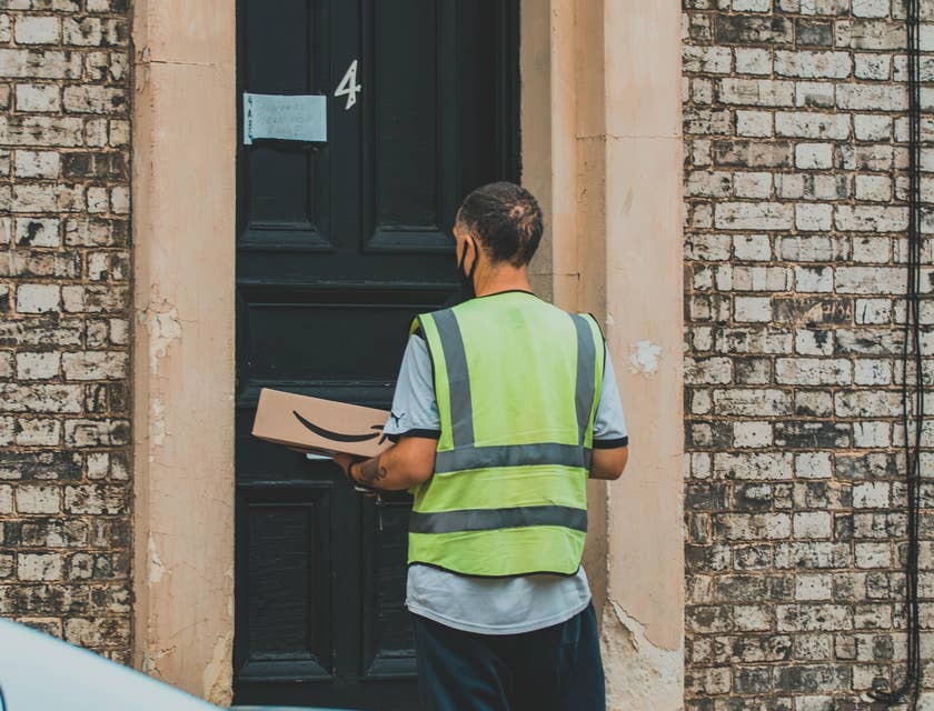 A messenger about to knock on a client's door and hand over a parcel to a client.