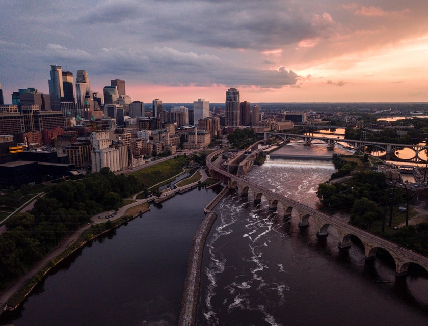 An aerial view of Minneapolis at dusk.