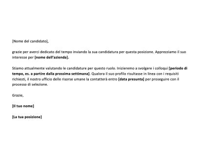 Modello di email di ringraziamento per candidatura ricevuta