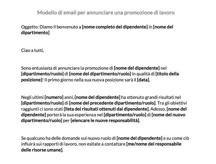 Modello di email per annunciare una promozione di lavoro