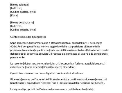 Lettera di licenziamento per giustificato motivo oggettivo