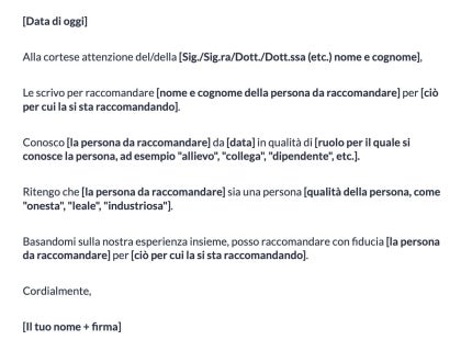 Modello di lettera di raccomandazione.