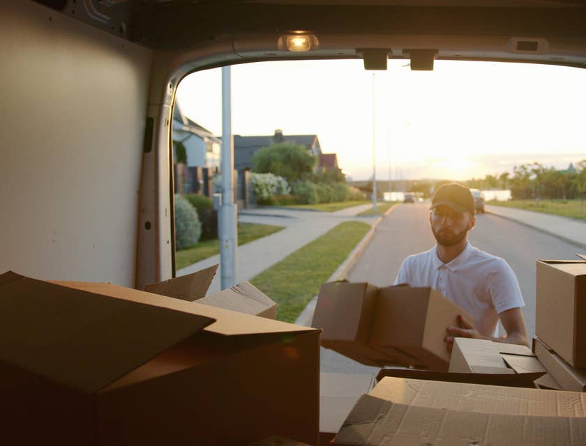 Mover carrying boxes into a moving van