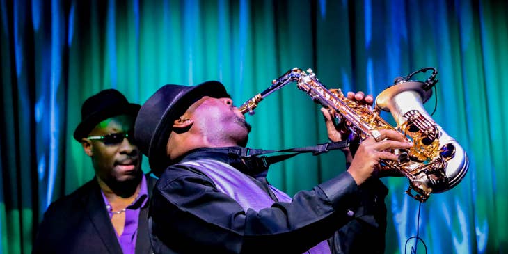 Jazz musician performing live.