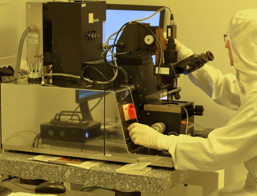 Nanosystems engineer checking the results of his experiment inside the cleanroom.
