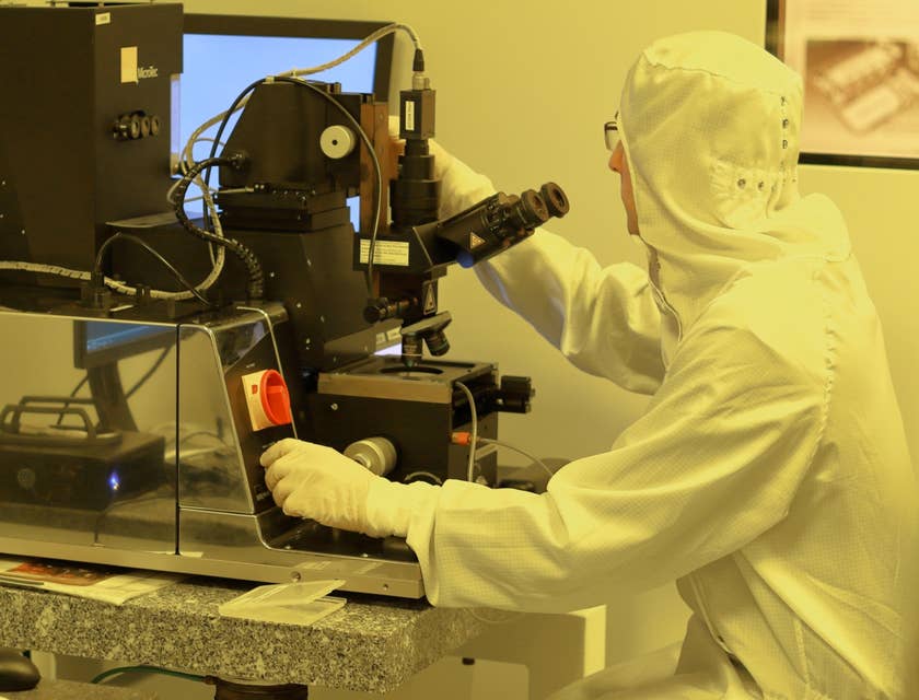 Nanosystems engineer checking the results of his experiment inside the cleanroom