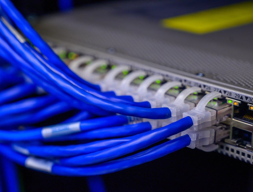 Blue internet cables connected to server ports